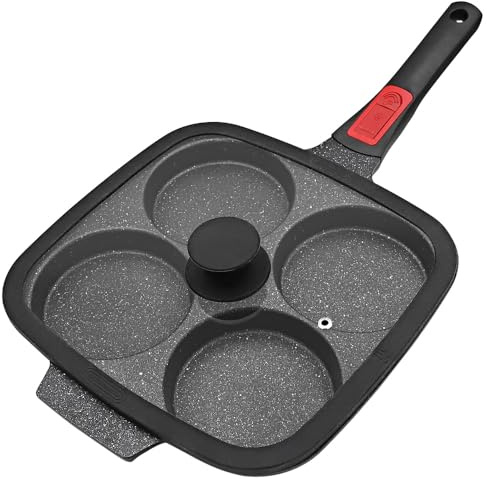 RANX INGST 10 inch Large Egg Pan with Lid, 4-Cup Pancake Pan Nonstick Omelette Skillet with Detachable Handle Induction Compatible - Black