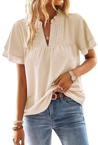 TUUHAW Camisetas Manga Corta Mujer Cuello en V Blusa Verano Elegante Top | Boho Túnica, Volantes Encaje, Casual Plisada Ropa, Boho Cómodo Camiseta, Suelto Dentella Tops, Plisada Color Sólido Holgadas