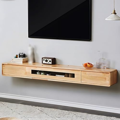 Massivt trä flytande TV-bänk, Med 2 lådor flytande TV-skåp, med glasdörrpanel, Väggmonterad flytande TV-möbel, ingen montering krävs (Träfärg, 160cm)