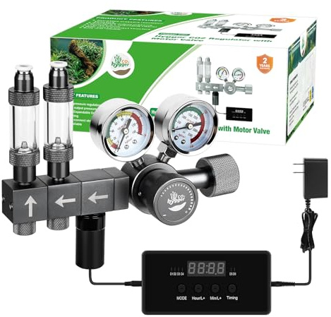 Hygger CO2 Regolatore di CO2 per acquario aggiornato con valvola motorizzata, pressione regolabile a doppio stadio, espandibile per due serbatoi, include timer e contatori di bolle per sistema