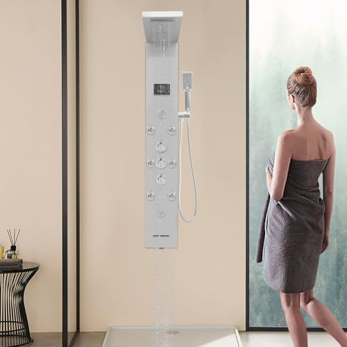 Duschpaneel für Badezimmer Duschsäule 6-in-1 LED Duschpaneel aus Edelstahl 304, Wasserfall- & Regenbrause, Massagedüsen | Temperaturanzeige | Wandmontage, Silber