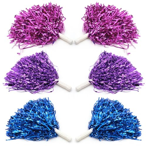 6 Pcs Cheerleader Pom Poms, Colorful Cheerleading Pompoms with Handles for Sports Matches, Dance Performances, and Celebrations - Foil Cheerleader Poms for Cheerleading Events (3 Colors)