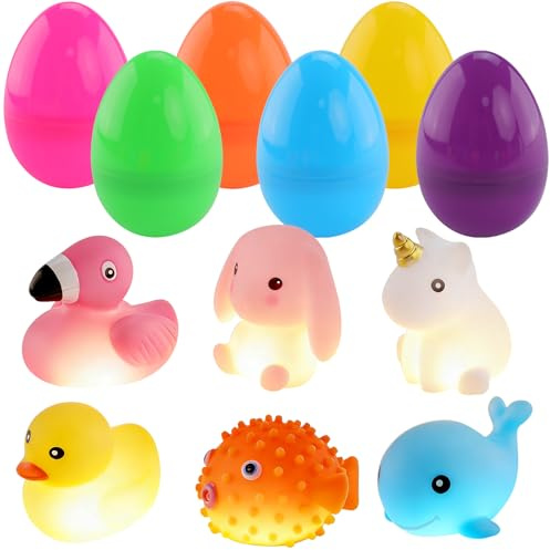 6 Stück Vorgefüllte Ostereier mit Leuchtendem Badewannenspielzeug Baby Badespielzeug Schwimmende Badetiere Wasseraktiviertes LED Licht für Ostereiersuche und als Osterkorb Füllung Geschenkset