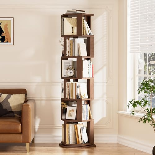 BACEKOLL Drehbares Bücherregal mit Kippschutz, 6 Ebenen 180cm Hochregal für 150 Bücher, 360° Drehbarer Bücherturm Platzsparend, Sechseckiges Holz Standregal für Kinderzimmer Wohnzimmer