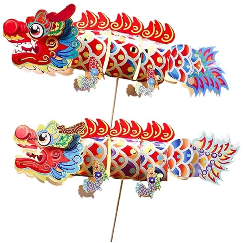 Xoeryoy Linterna de dragón de Papel, 2 Unidades, Bonita Linterna de Papel China con Poste, Decoraciones de Año Nuevo Chino