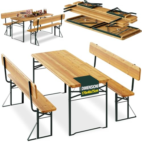 BAKAJI Set 3 Pezzi Birreria con Tavolo Pieghevole e Panche da Esterno, Struttura in Acciaio Comoda, Seduta Ergonomica e Resistente, Ideale per Giardino, Bar, Campeggio, Sagra, 170 cm con Schienale