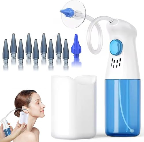 Ear Wax Removal Kit with Reusable Silicone Spoon, Ohrenschmalz Entferner Ohrenreiniger, Wasserdicht Manuelle Ohrenreiniger mit Integriertem Doppeltank & 10 Silikon-Düsen für Erwachsene Kinder