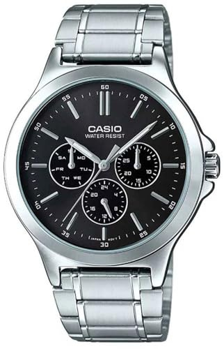 Casio Orologio da polso da uomo al quarzo classico cinturino in acciaio inox grigio cassa in ottone display analogico nero - MTP-V300D-1A