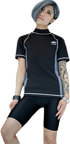 BaronHong Kvinnor Lesbisk Tomboy Dragkedja Uppknäppningsbart Bröstbindningsbadset + Badbyxor, svart, XL