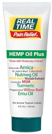 Real Time Pain Relief Hemp Oil Plus 4oz Tube | 20 Natural Ingredients: 5% Arnica & Turmeric | Fast Absorbing Lotion for Muscles, Hands, Feet, Ankles, Back, Shoulders, Knees & Joints Discomfort