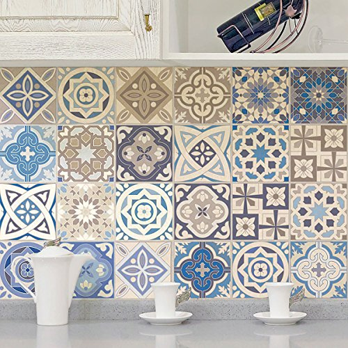 Ambiance Stickers Muraux Salle de Bain, Multicolore, Lot de 24, 20x20 cm | Crédence adhésive pour cuisine, anti-rayure, ciment, carreaux adhésif cuisine, carrelage adhésif mural salle de bain, zellige