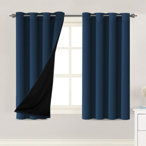 H.VERSAILTEX 100% Blackout Lined Curtains, 2 Thick Layers Completely Blackout Window Treatment Thermal Insulated Drapes for Kitchen/Bedroom (1 Pair, 52 Width x 63 Length Each Panel, Navy)