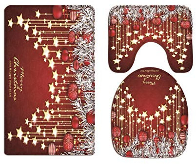A.Monamour Badezimmer Badematte 3 Teilig Set Rotem Hintergrund Weihnachtskugeln Sterne Urlaub Dekorationen Kunst Flanell Saugfähig Badteppiche Badvorleger Badgarnitur WC Vorleger