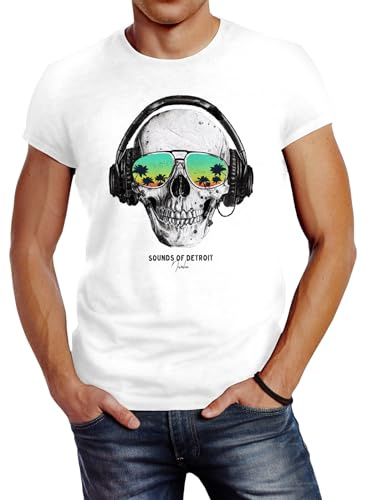 Neverless® Herren T-Shirt Totenkopf Kopfhörer Musik Party Skull Sonnenbrille Schädel Sounds of Detroit Music Slim Fit