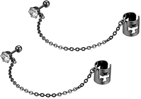 JewelryWe Schmuck Ohrklemme mit Kette Edelstahl Zirkonia Eisernes Kreuz Ohrringe Ohrclips Ohr Manschetten Fake Piercing Ohrstecker für Damen Herren, Silber Gold Schwarz