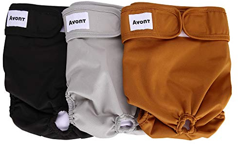 Avont Tvättbara blöjor för tikar, återanvändningsbara och hållbara för kvinnliga hundar, hundblöjor, mycket absorberande, 3-pack, XS, 15–21 cm midja, svart/brun/grå