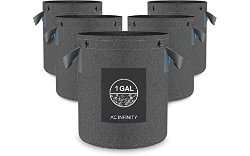 AC Infinity Heavy Duty Fabric Pots, 4 Liter Aeration Reusable Grow Bags 5-Pack 500G Thick Nonwoven Fabric and Multi-Purpose Rings, for Low Stress Plant Training Fruits, Vegetables and Flowers 1 Gallon