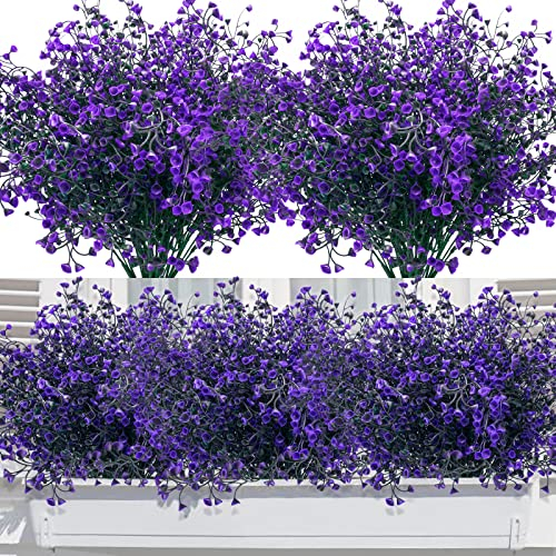 12 Bundles Artificial Flowers Outdoor, Artificial Shrubs Bushes UV Resistant Faux Plastic Flowers Decorative Fake Plants for Outside Indoors Garden Pots Hanging Baskets Borders Window Box, Purple