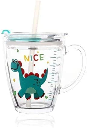 Tasse à Lait avec Paille Silicone Couvercle Tasse en Verre Transparent 300ml Tasses de Lait Tasses d’Eau de Dessin Animé avec Échelle Verre à Boire avec Couvercle Anti-Fuite Mug 14 Ans et Plus