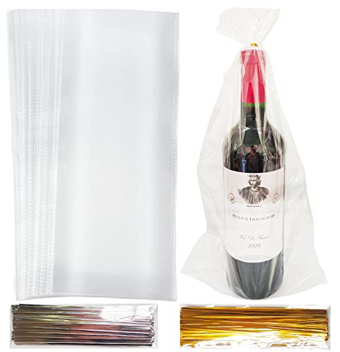 100 st genomskinliga vinflaskor presentpåsar med BONUS 200 stycken guld silvervridningar, 20 x 40 cm många cellofanpåsar klar plast gåva vinpåse omslag för inslagning presenter presenter godis högtid