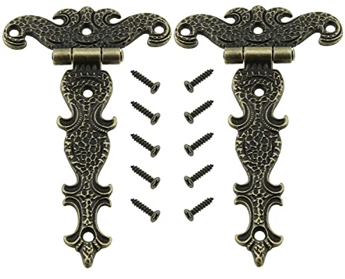LUORNG 2 x Holz-Scharniere 113 x 69 mm, Zinklegierung, dekoratives T-förmiges Scharnier mit 10 Schrauben, antike Bronze