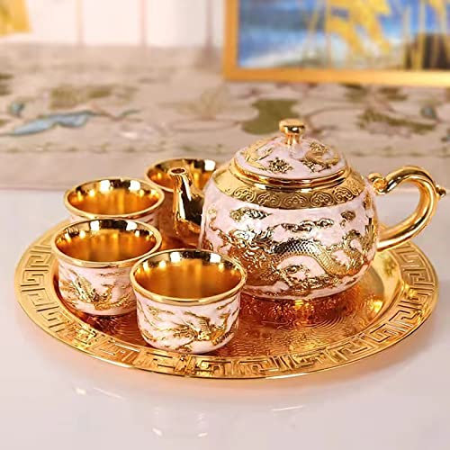 LingXuanGe Set da 6 tè in argento, realizzato a mano con drago cinese e fenice, set da tè e tè, include teiera (colore: oro)
