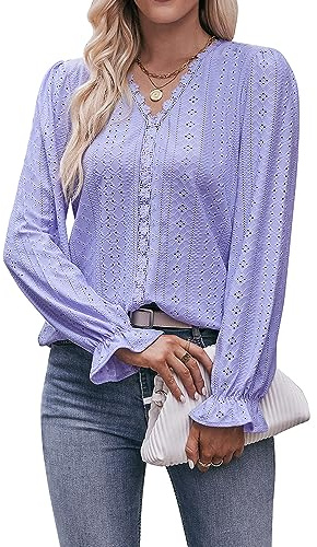 Coloody Blusa de Manga Larga para Mujer Color sólido Suelto Casual Elegante Cuello en V Gasa ​Encaje Camiseta Tops-Morado-M