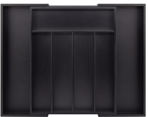 woodluv Cutlery Drawer Organiser, Expandable Utensil Tray for Kitchen, Adjustable Compartment Holds Kitchen Utensils Office Supplies, Storage for Cutlery, Large - Black