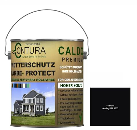 Contura Wetterschutzfarbe 2,5 Liter Holz Dauerschutzfarbe Deckend Buntlack Holzfarbe Holzlasur Seidenmatt (Schwarz - RAL 9005 Analog)