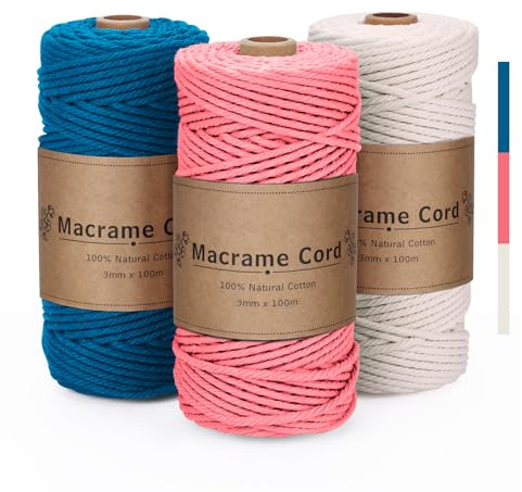 PUWOWYE Set di Corda Macrame 3mm Blu Pesca Beige Naturale - Filo Morbido per Arazzi, Appendini per Piante, Decorazioni Boho, Confezioni Regalo