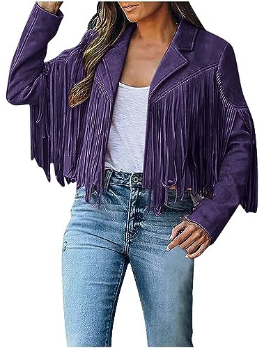 SYDUZAX Veste en Jean Femme Veste Daim avec Frange Cardigan Ouvert Court clouté Veste Biker Casual Léger Années 70 Ouvert Pull Manteau sur le devant Gilet Long Vintage Couleur Unie Décontracté