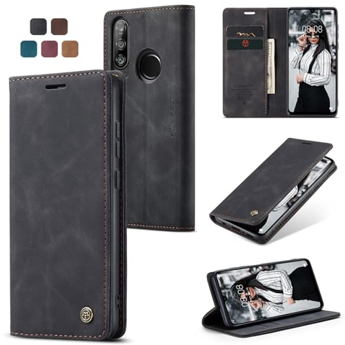 owlhold Handyhülle für Huawei P30 Lite/Nova 4E Hülle Premium Lederhülle Weiches Vintage-Nubukleder Faltbare Ständer Schutzhülle Kartenfach Standfunktion klapphülle Huawei P30 Lite/Nova 4E -Schwarz