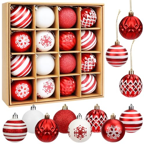 16PC Boule de Noel Decoration Sapin Noel, 6cm Decoration Noel Boule de Noel Décoration Sapin de Noel, Boules de Noël Decoration Noel Interieur Maison (Rouge Blanc)