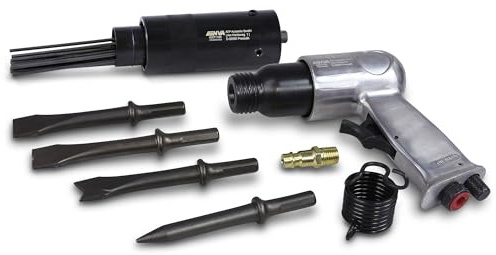 ENVA Druckluft Meißel Satz 6TLG. + Druckluft Nadelentroster 10 mm Sechskantschaft Meißelhammer Set inkl. Haltefeder, Meißeln & Kupplungsstecker Nadelentroster Set für Rostentfernung & Meißelarbeiten
