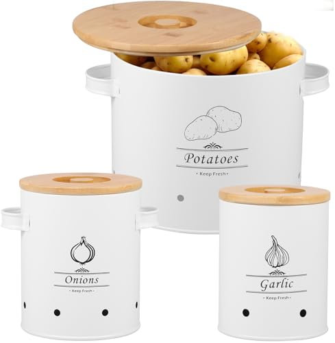 3Pcs Vegetable Storage Canister with Bamboo Lid & Handle, Carbon Steel Potato Onion Garlic Jars Round Kitchen Vegetable Keeper Bin with Aerating Holes for Home Kitchens Pantry(White)