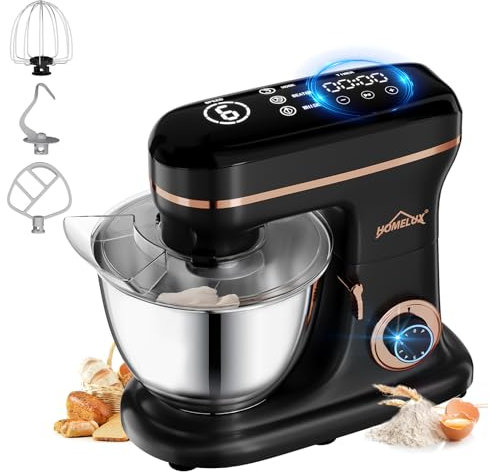 HOMELUX Küchenmaschine 1800W, Knetmaschine mit 8 Liter Edelstahl Schüssel, 6 Geschwindigkeitsstufen, LED-Touchscreen, Rührbesen, Knethaken, Schneebesen und Spritzschutz, Schwarz