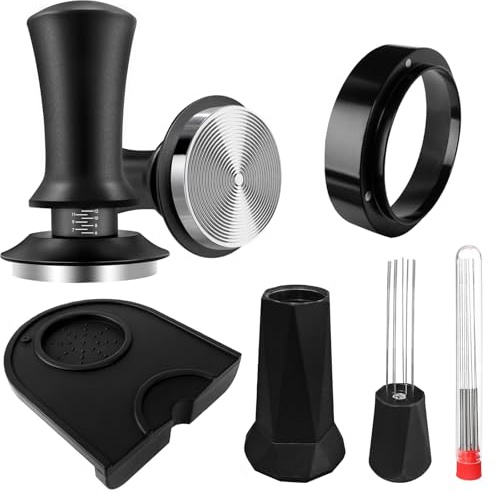 Juego de prensador de café de 51 mm, juego mejorado de prensado, incluye herramienta WDT, anillo dosificador de 51 mm, estera prensadora, acero inoxidable 304 con ajuste de escala para cafés, amantes
