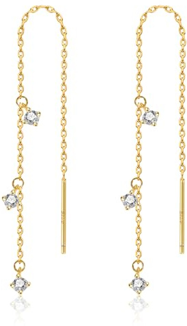 ASH'S CHOICE 925 Sterling Silver Drop Earrings for Women, 14k Gold Plated Small Huggies Hoop Earrings with Drop Teardrop Zirconia Chains Tassel Dangle Long Drop Threading Earrings for Women Lady