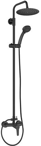 HOMSSY Columna de Ducha Negra con Monomando – Conjunto de Ducha con Rociador Superior de 20 cm, Ducha de Mano, Flexo de Acero Inoxidable, Barra de Pared Ajustable, Inversor Cerámico – Material Latón