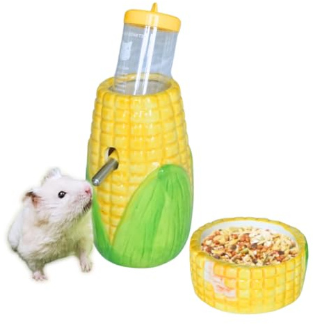 PAWCHEE Corn Ceramic Hamster Water Bottle Stand with Food Bowl, Syrian, Gerbil, mice Water Bottles with Holder Water Feeder for Small Animals, Hamster Cage Accessories