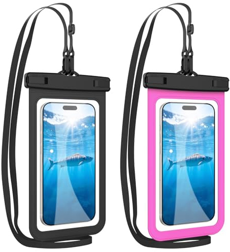 HopMore 2 Pack Waterproof Phone Pouch with Adjustable Lanyard Up to 7.2, IPX8 Universal Underwater Phone Case Dry Bag for iPhone 16 15 14 13 12 11 Pro, Samsung S25 S24 A56 A36 A16 - Black + Rose