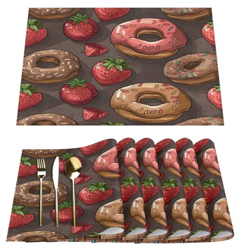 Set di 6 tovagliette all'americana con deliziose ciambelle alla fragola, lavabili, per sala da pranzo, cucina, 30,5 x 45,7 cm