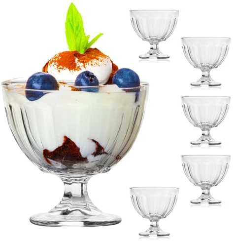 UNIQUE HOME LIVING Ice Cream Bowls Set of 6, 400ml Dessert Serving Glass Bowl for Ice Cream Sundae Fruit Cocktail Trifle Bowls, Pudding Glass Cups, Wide Bowl Dessert Glasses, Dishwasher Safe Cups