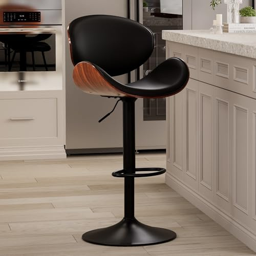 YOUTASTE Barhocker aus Gebogenem Holz 1er Set, PU-Leder, Schwarz, Moderner | Höhenverstellbar, 360°Drehbarer mit Holzlehne und Fußstütze, Retro Barstuhl für bar, Küche, 150kg