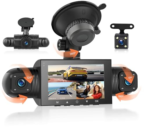 Rimoody 360° 4 Canali Dashcam Auto, 4 Telecamera HD 1080P Anteriore e Posteriore Sinistra Destra, 3 Pollici 1080P Dash Cam con 8 IR Visione Notturna/Loop video/24H Parcheggio Monitor/G-Sensore