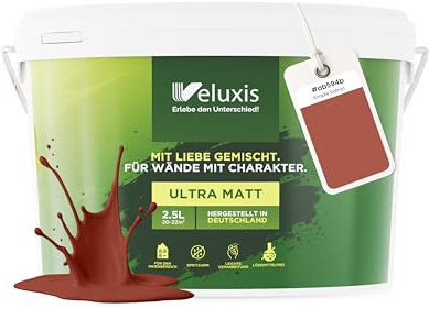 Veluxis Wandfarbe Rot Braun Orange matt 5 L – Simple Saffron | Innenfarbe mit Deckkraft Klasse 1, VOC-frei, ohne Grundierung, tropfarm, für Wohnzimmer und Schlafzimmer