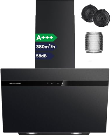 Soonye A+++ Dunstabzugshaube 60cm Umluft,Kopffrei Schräghaube 380 m³/h,Gestensteuerung,Touchscreen,Abluft Wandmontage Wandhaube Abzugshaube Kopffreihaube,Schwarz Mattglas