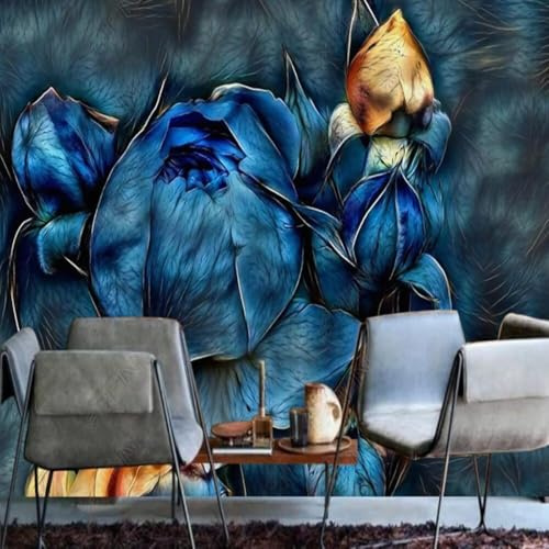XLMING Retro Hand Drawn Elegant Blue Rose Lines 3D Wallpaper Premium Textured Silk Study Dining Living Room Bedroom Sofa TV Wall Easy Install-250cm×170cm