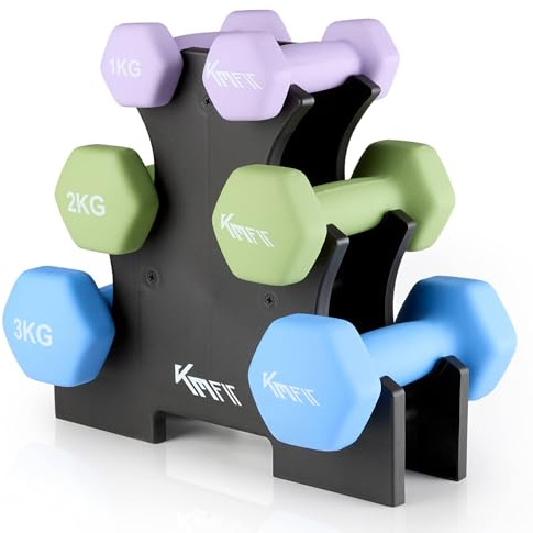 KM-Fit Set manubri 12 kg con supporto | Manubri in neoprene 1–3 kg | Impugnatura ergonomica in ghisa antiscivolo | Antirotolamento | Fitness & allenamento forza a casa