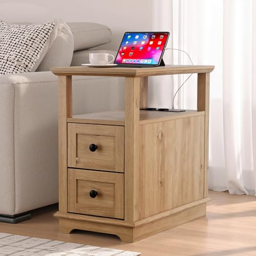EOSVALO Table de Chevet,Table d'appoint Bout de canapé,Table Basse avec Station de Recharge Rapide à,Port Type-C & USB et Prises de Courant,Convenable pour la Chambre à Coucher et Le Salon